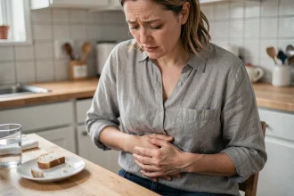 Femme adulte souffrant de douleurs abdominales liées à l'intolérance au gluten, assise dans une cuisine