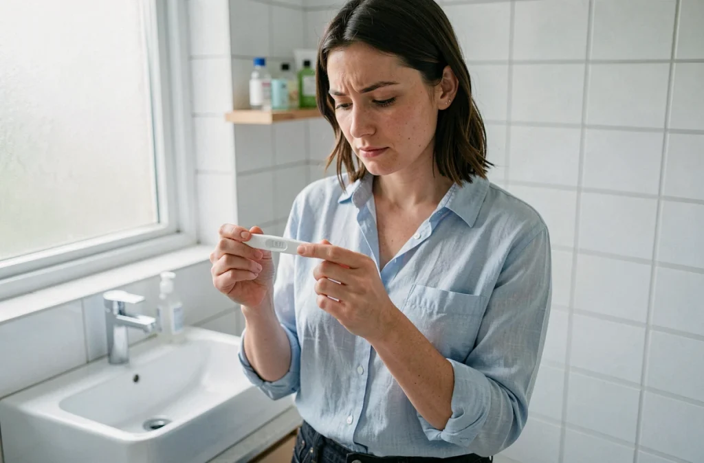 Femme tenant un test de grossesse positif dans une salle de bain, moment intime illustrant la découverte des premiers signes de grossesse