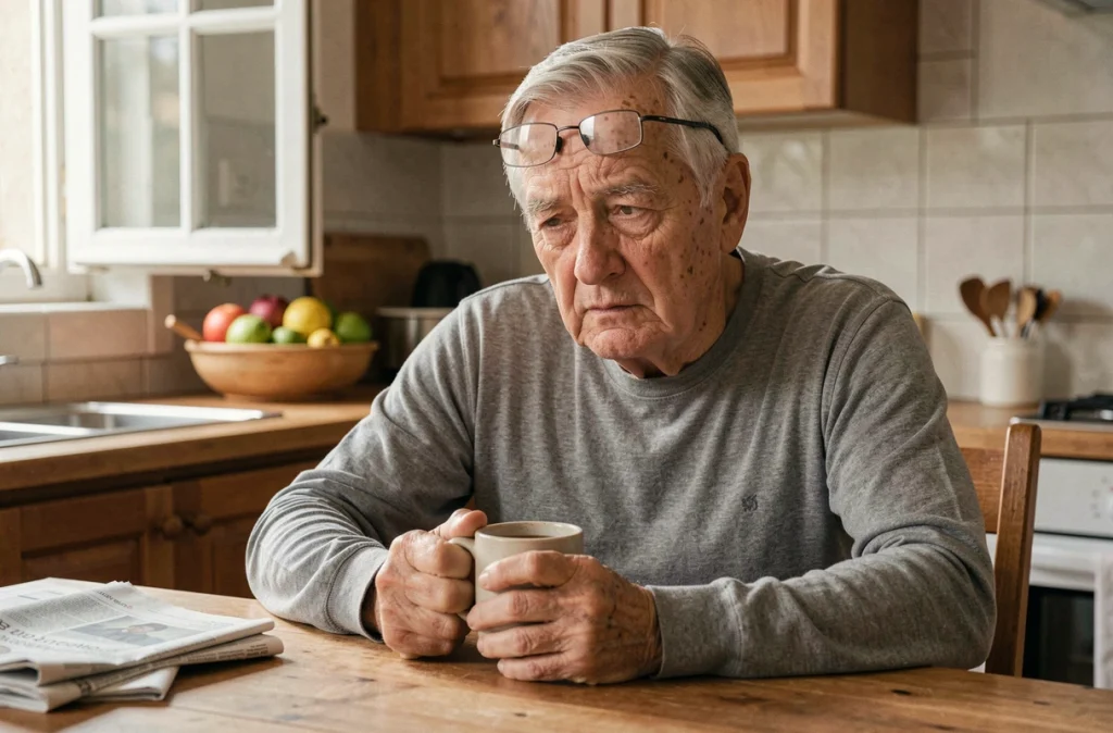 Homme senior fatigué tenant une tasse de café le matin, évoquant les troubles du sommeil et leurs effets sur la mémoire des seniors