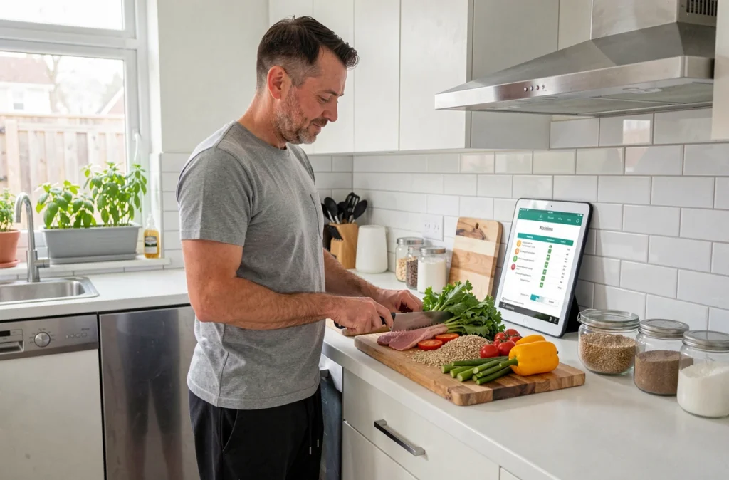 Homme préparant un repas équilibré adapté à une perte de poids sans carence ni douleurs musculaires