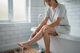 Femme soulageant une brûlure au pied sous l'eau froide du robinet dans une salle de bain moderne