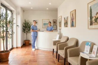 Salle d'attente moderne d'un cabinet dentaire dans l'Aude avec une réceptionniste souriante et une ambiance chaleureuse aux tons méditerranéens