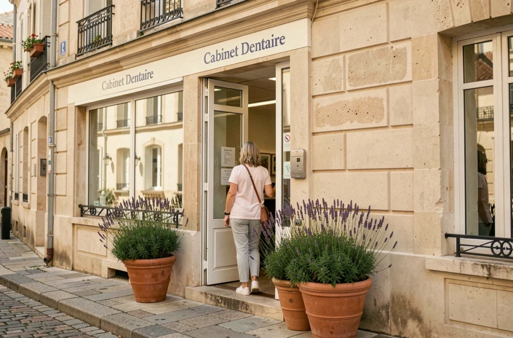 Façade extérieure du Cabinet Dentaire Pierre Curie dans un bâtiment provençal classique, avec une patiente entrant dans l'établissement