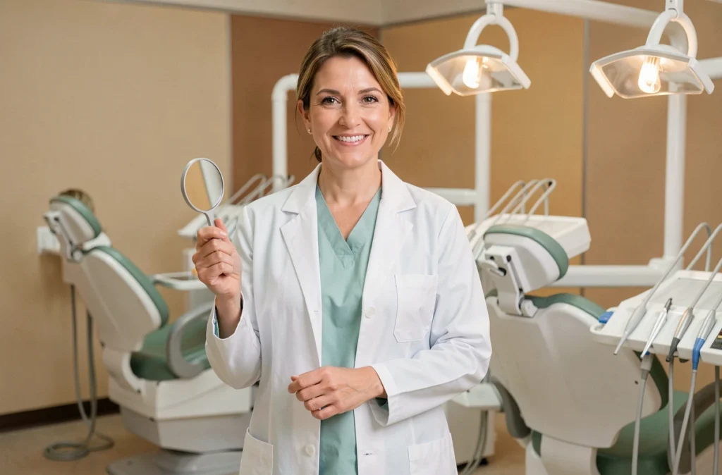 Dentiste femme en blouse blanche dans un cabinet dentaire associatif bien équipé, tenant un miroir buccal et souriant avec assurance