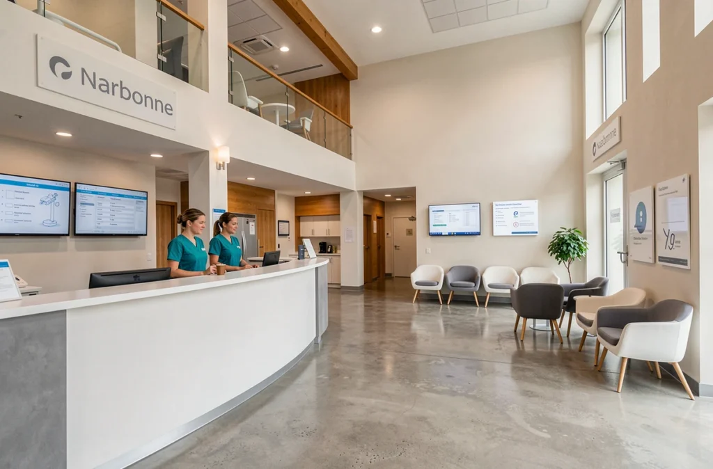 Hall d'accueil spacieux et moderne du Centre Dentaire de Narbonne avec réceptionnistes en tenue teal et salle d'attente contemporaine