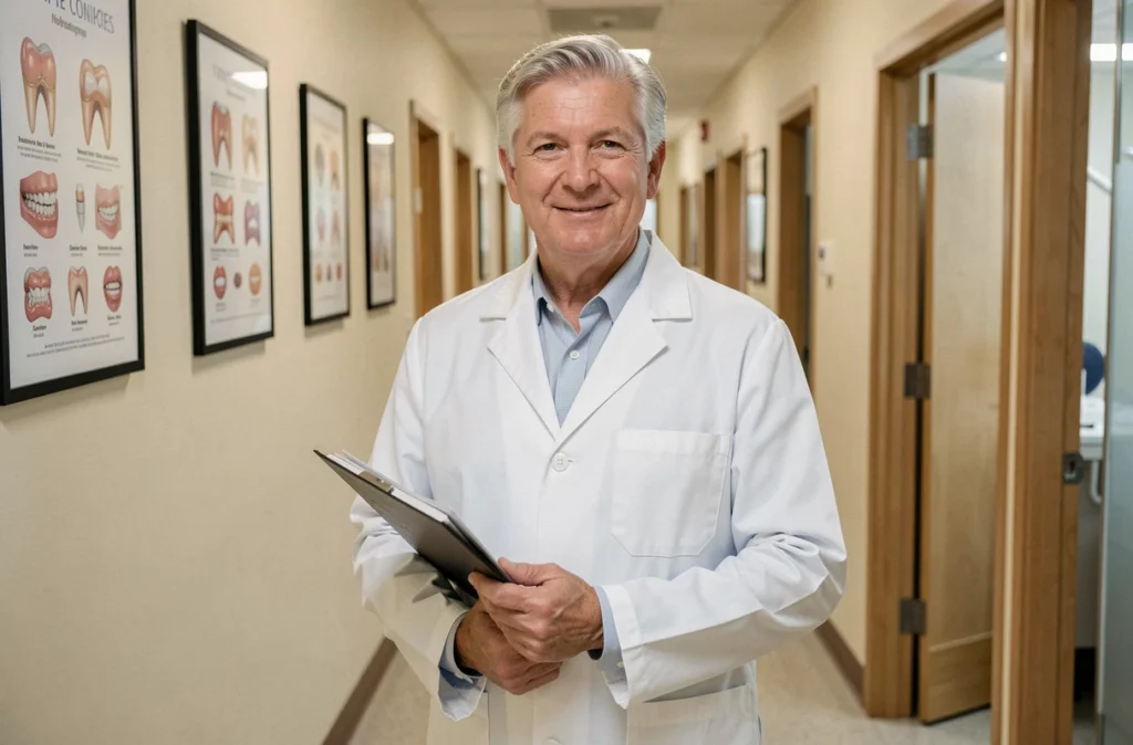 Docteur Claude Cavailhes debout dans le couloir de son cabinet dentaire, tenant un dossier patient avec une expression professionnelle et bienveillante