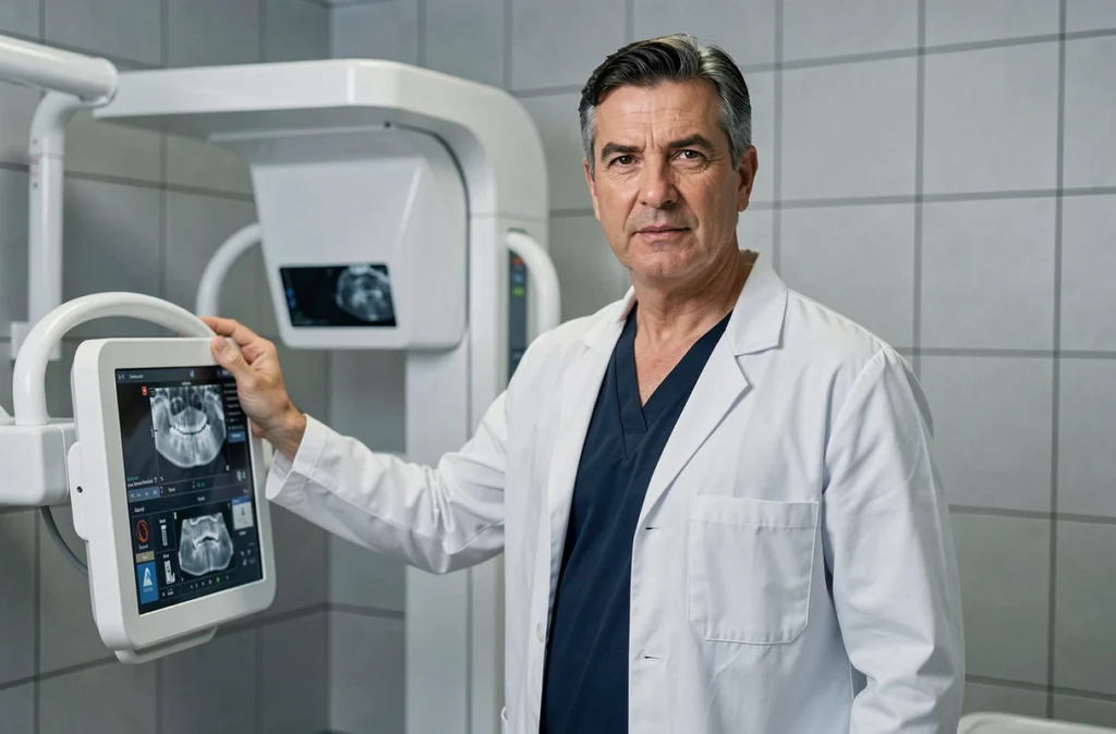 Docteur François-Henri Deville posant près d'un appareil panoramique dentaire dans une salle d'imagerie moderne et professionnelle