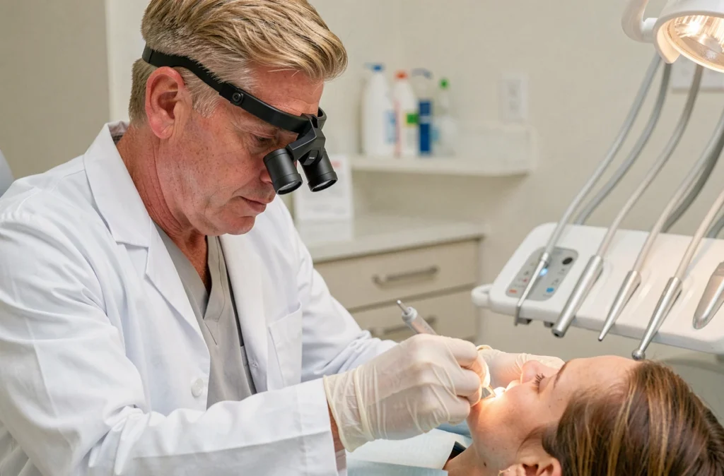 Docteur François Telese en train d'effectuer un soin dentaire avec des loupes d'agrandissement dans un cabinet clinique moderne