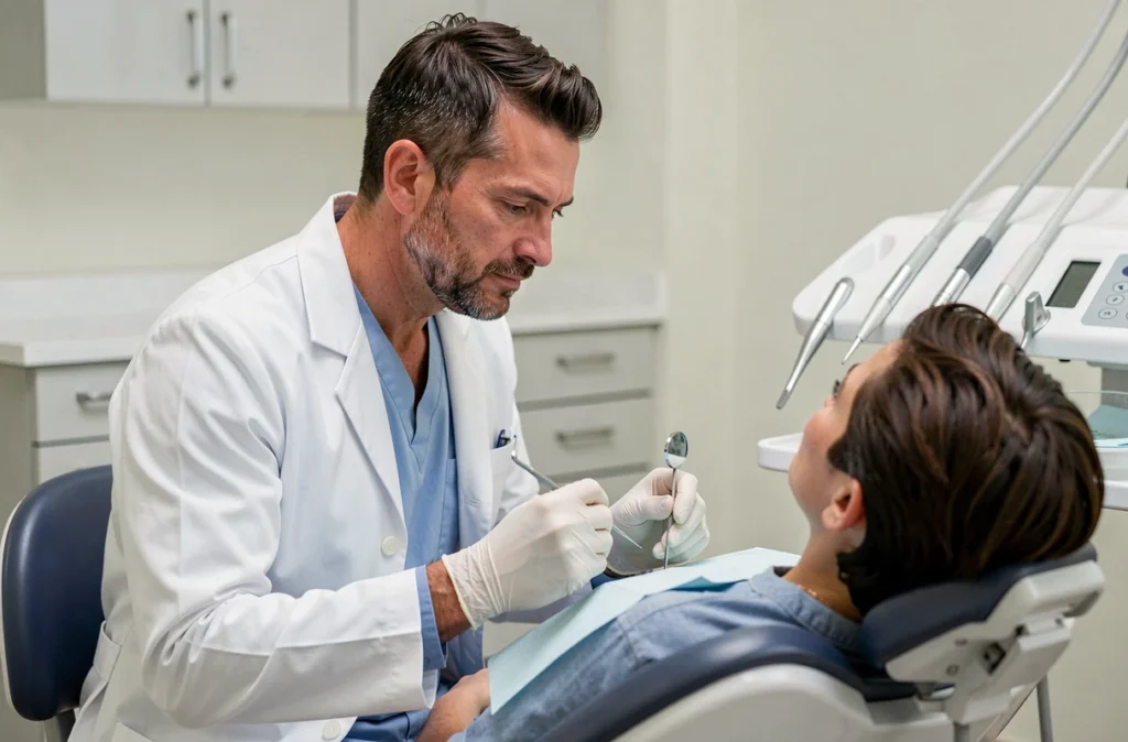 Docteur Ghislain Ghomrani, dentiste, examinant un patient dans son cabinet avec une expression concentrée et bienveillante