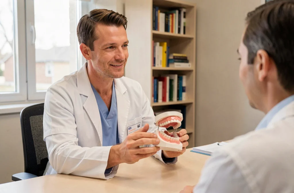 Docteur Luc Bonnaure présentant un modèle dentaire à un patient lors d'une consultation dans son cabinet professionnel et accueillant