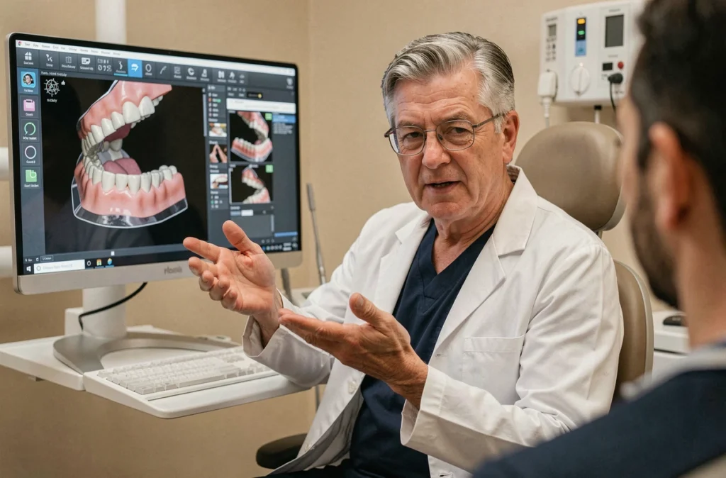 Docteur Yves Souède montrant un scanner dentaire 3D à un patient depuis son poste de travail dans un cabinet équipé de technologie moderne