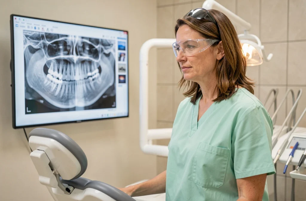 Docteure Carole Orsini examinant une radiographie dentaire sur panneau lumineux dans son cabinet moderne et bien équipé