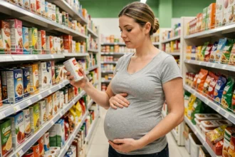 Femme enceinte lisant les étiquettes des ingrédients dans un supermarché pour choisir des aliments sûrs pendant la grossesse