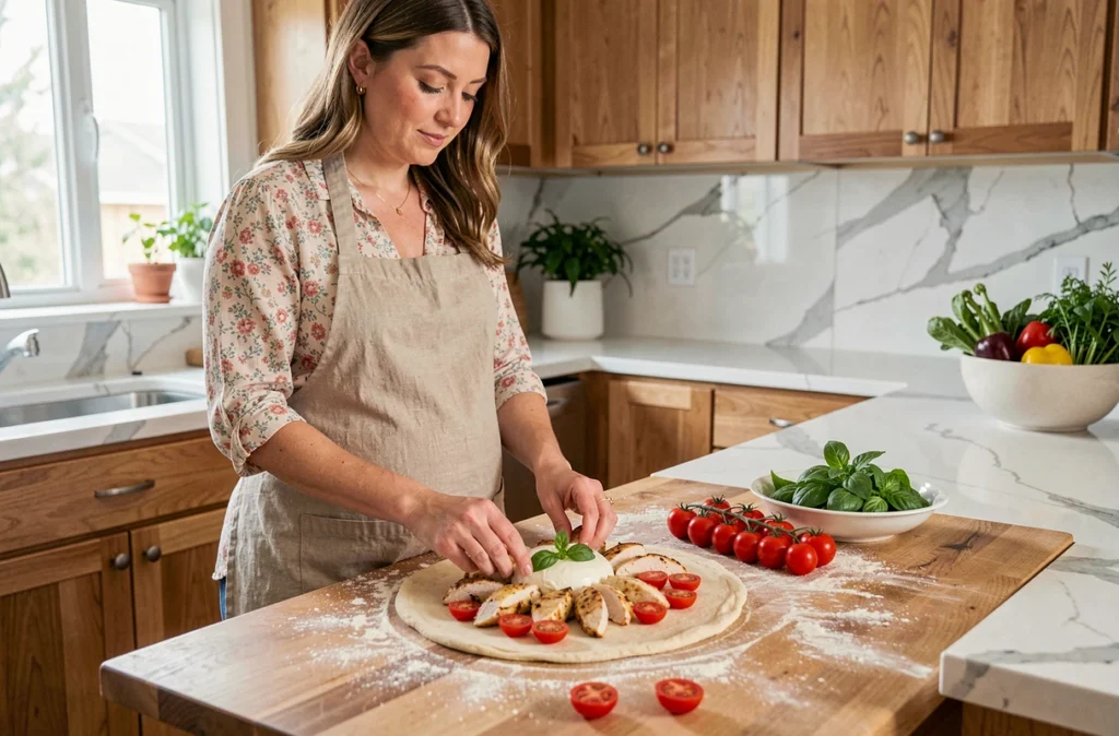 Femme enceinte préparant une pizza maison avec des ingrédients autorisés pendant la grossesse dans une cuisine moderne