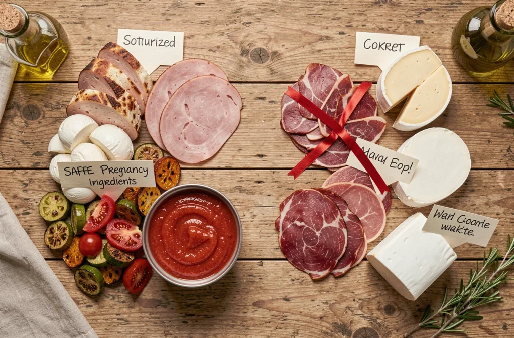 Ingrédients autorisés et interdits pour une pizza pendant la grossesse présentés en flat-lay sur une table en bois rustique