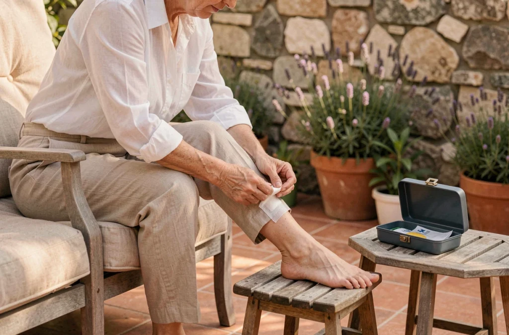 Femme posant un pansement stérile sur une brûlure au pied sur une terrasse de jardin avec trousse de premiers secours