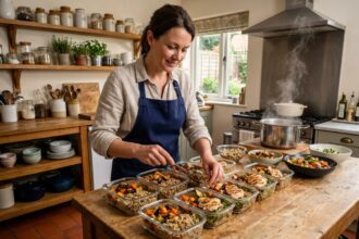 Femme préparant des repas équilibrés en batch cooking dans des contenants en verre sur un plan de travail en bois