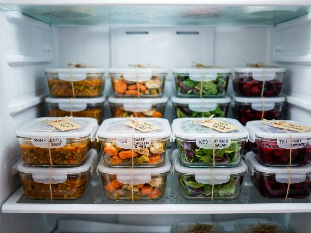 Réfrigérateur organisé avec des repas préparés en avance dans des contenants en verre étiquetés pour la semaine