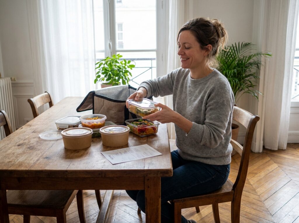 Femme découvrant ses repas livrés à domicile par un service de cuisine à la demande dans son appartement parisien